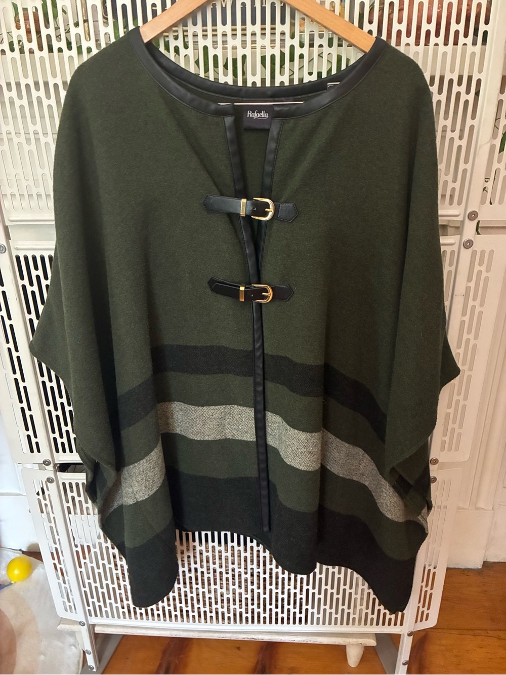 Rafaella Olive & Black Striped Wool-Blend Poncho with Buckle Trim